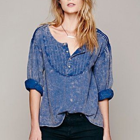 We The Free Free People Faux Denim 3/4 Sleeve Blouse Top Size Small - Picture 1 of 7